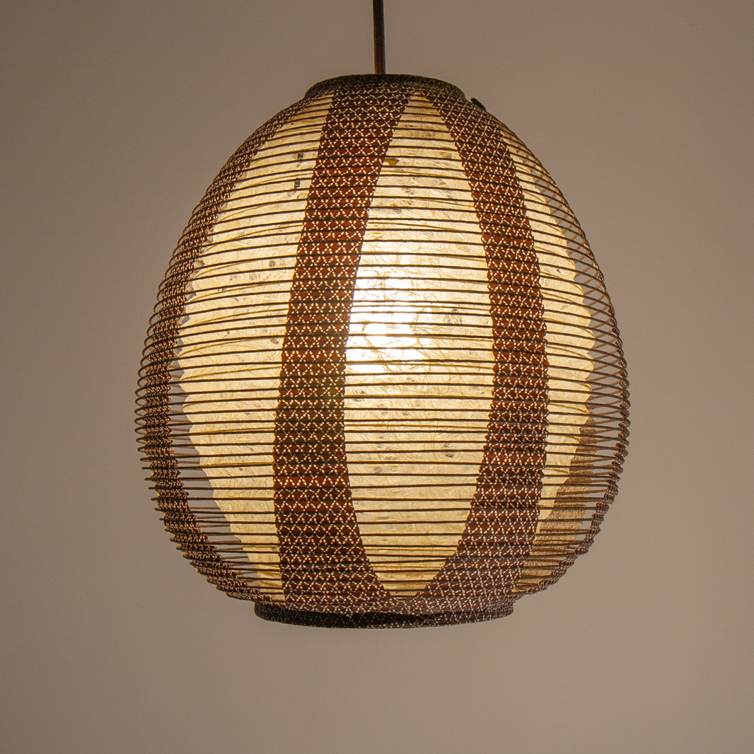 Natural Hemp Washi and Brown Printed Washi Paper Lights, 28cm diameter, illuminated