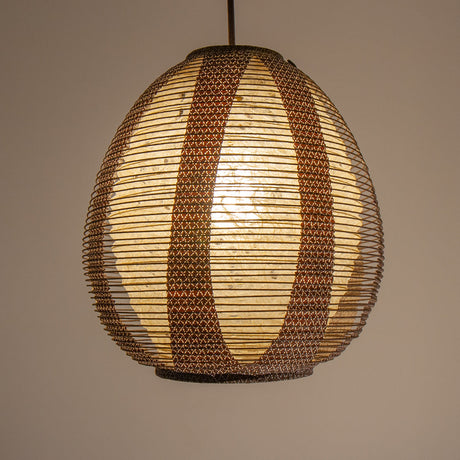 Natural Hemp Washi and Brown Printed Washi Paper Lights, 28cm diameter, illuminated