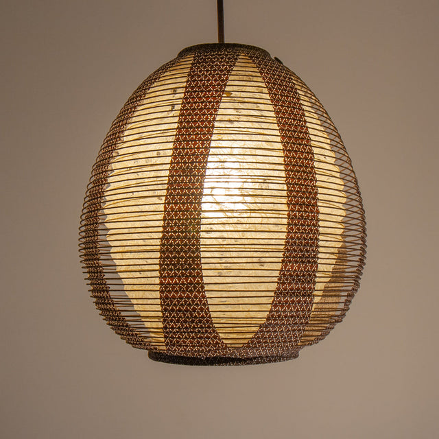 Natural Hemp Washi and Brown Printed Washi Paper Lights, 28cm diameter, illuminated